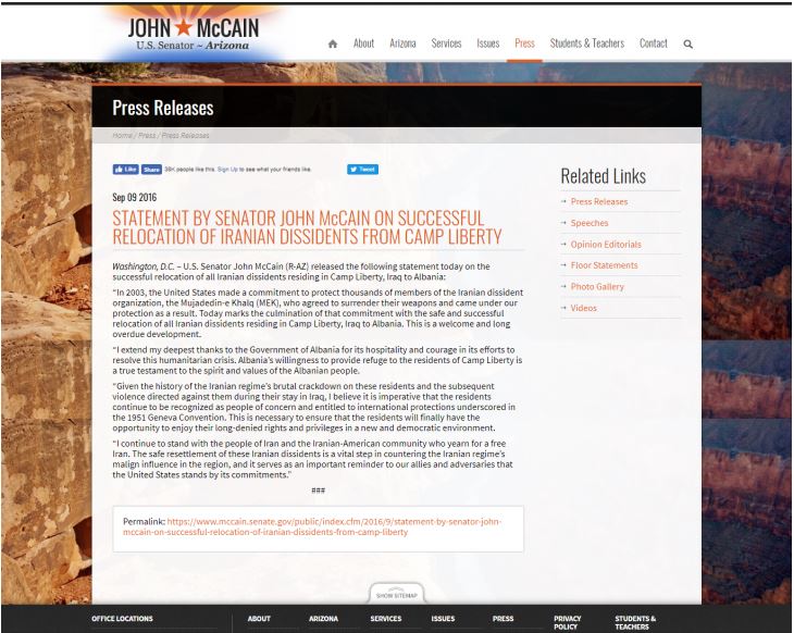 پرونده:بیانیه مک‌کین بعد از انتقال مجاهدین به آلبانی.JPG