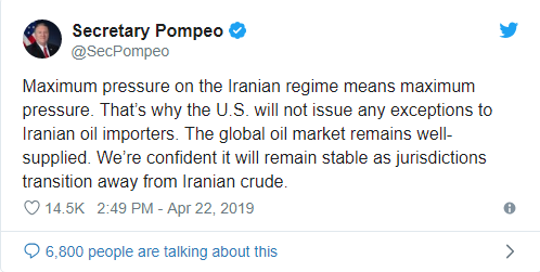 پرونده:توئیت مایک پمپئو- آمریکا هیچ معافیتی به واردکنندگان نفت ایران اعطا نخواهد کرد.png
