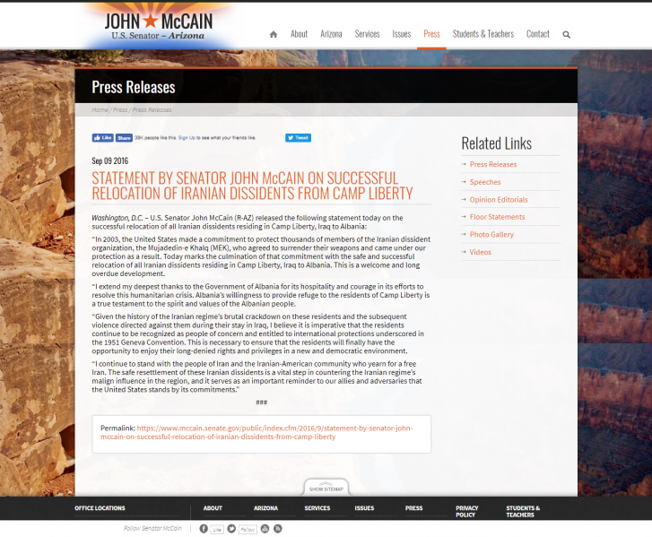 پرونده:بیانیه مک‌کین بعد از انتقال مجاهدین به آلبانی.png