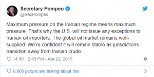 توئیت مایک پمپئو- آمریکا هیچ معافیتی به واردکنندگان نفت ایران اعطا نخواهد کرد.png